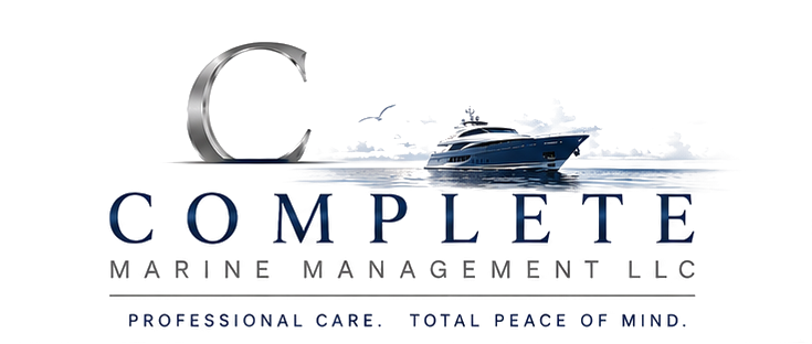 Complete Marine Management LLC — a motor yacht at sea beneath the silver C logo
